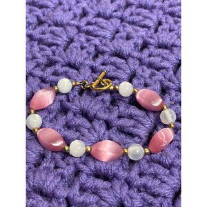 Pink Cat's Eye White Moonglow Beaded Bracelet Goldtone Toggle Clasp 6.5 inches